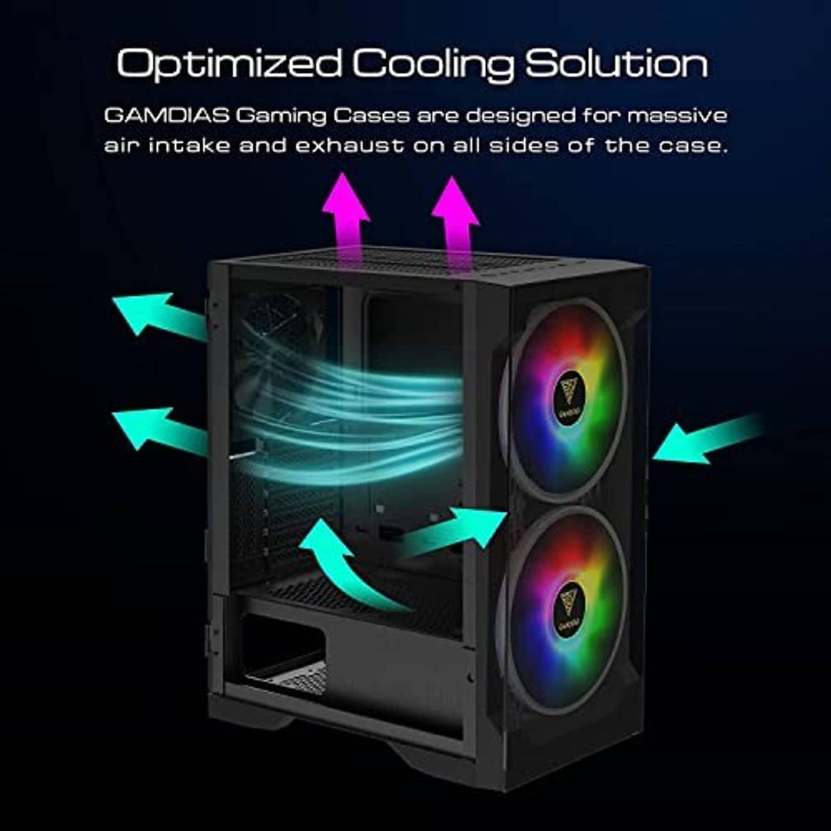 Black PC case airflow design with dual RGB ARGB fans and airflow arrows
