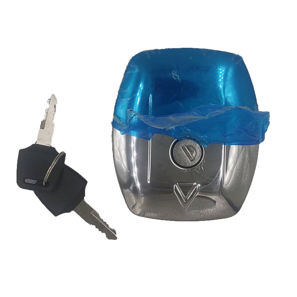 Fuel tank cap with lock and two keys, blue and metallic finish