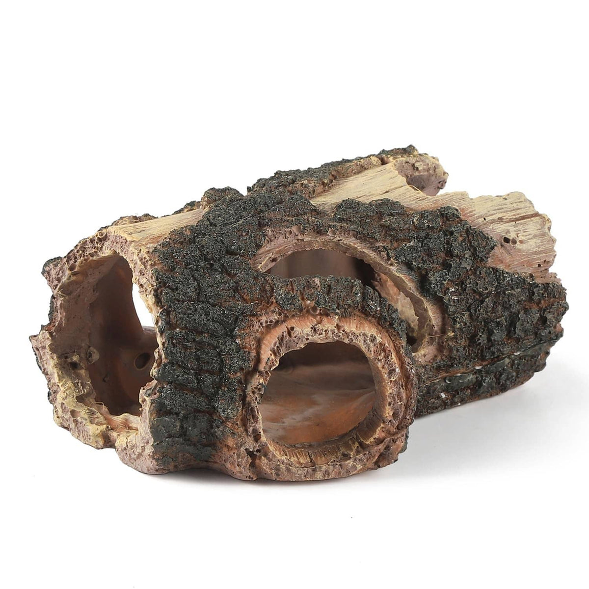Aquarium resin wood log decoration with arched tunnel openings and textured bark