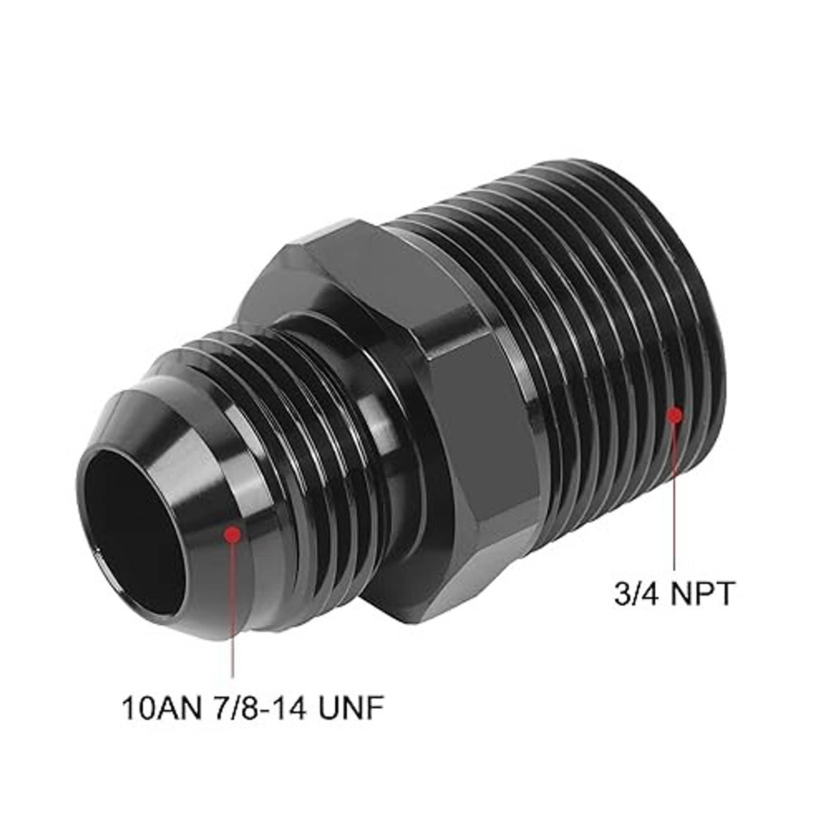 Black straight AN-to-NPT flare adapter with hex flats and male 3/4 NPT threads