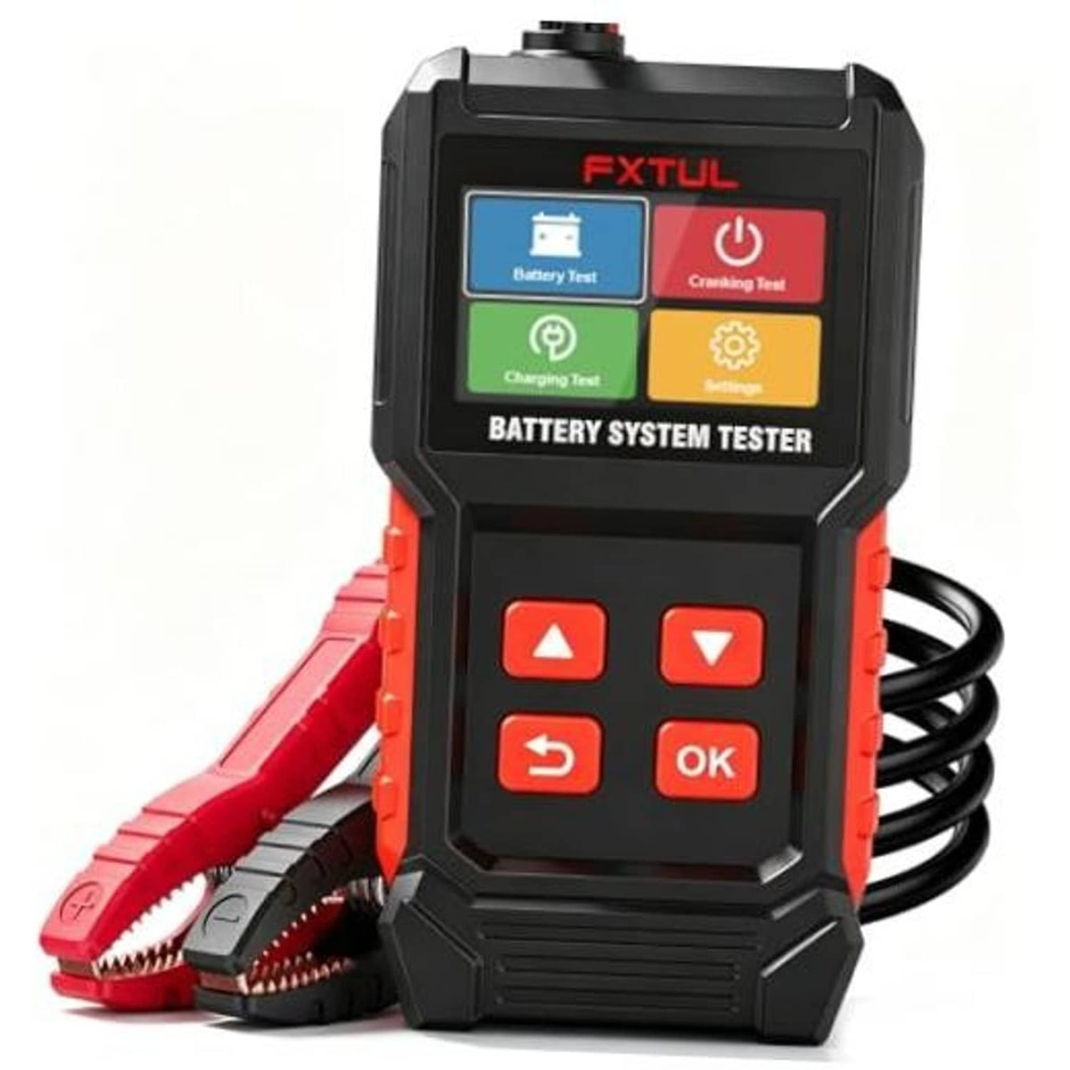 Battery system tester with red/black buttons and LCD mode icons