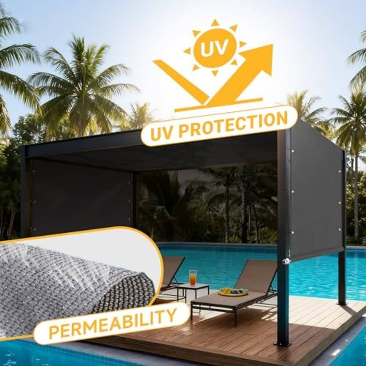 Outdoor pergola shade cover with dark gray fabric canopy over a poolside deck