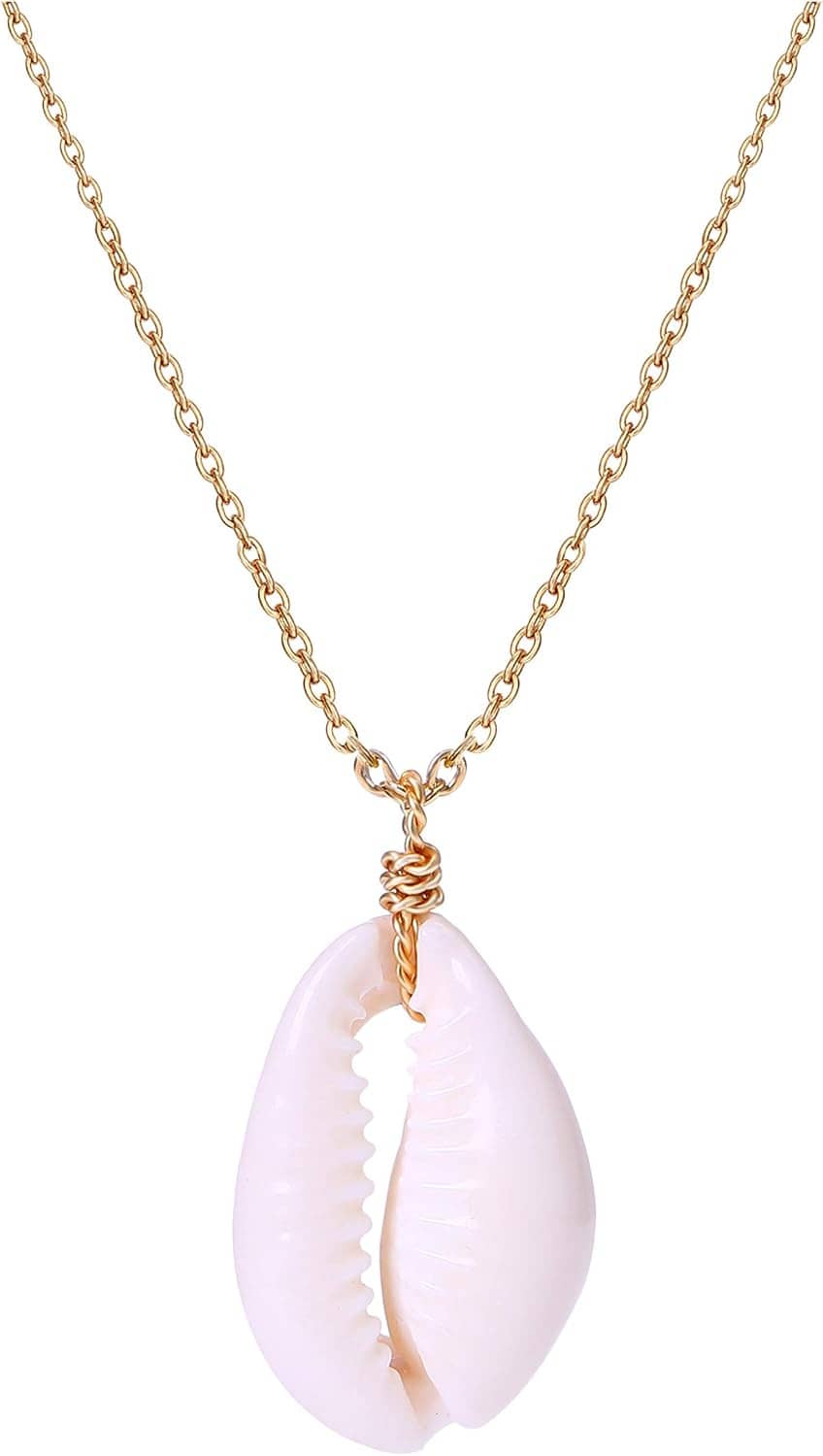 Front view: gold-tone chain choker with pink seashell scallop pendant