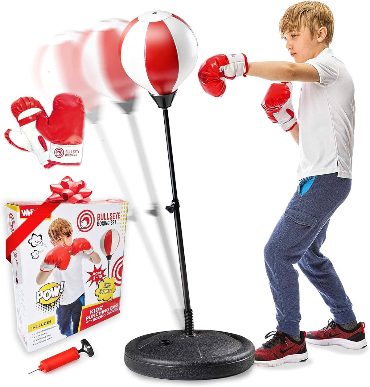 Standing kids punching bag set with red-and-white ball, black pole, and round base