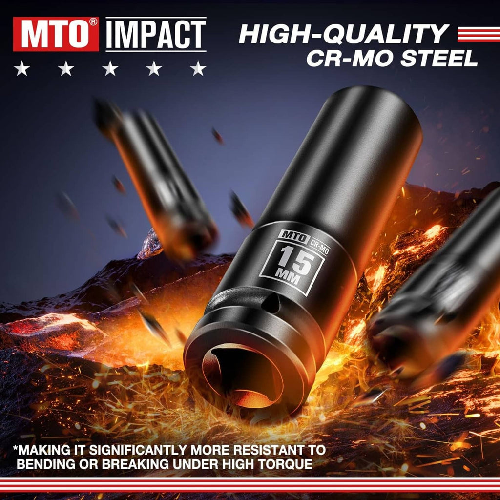 Black 15mm deep 6-point impact socket, 1/2" drive, shown with heat/flame effect