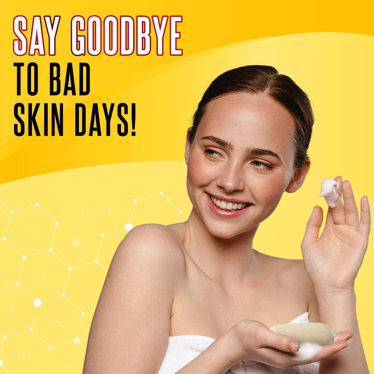 Cream sulfur soap bar lathered on skin by smiling person