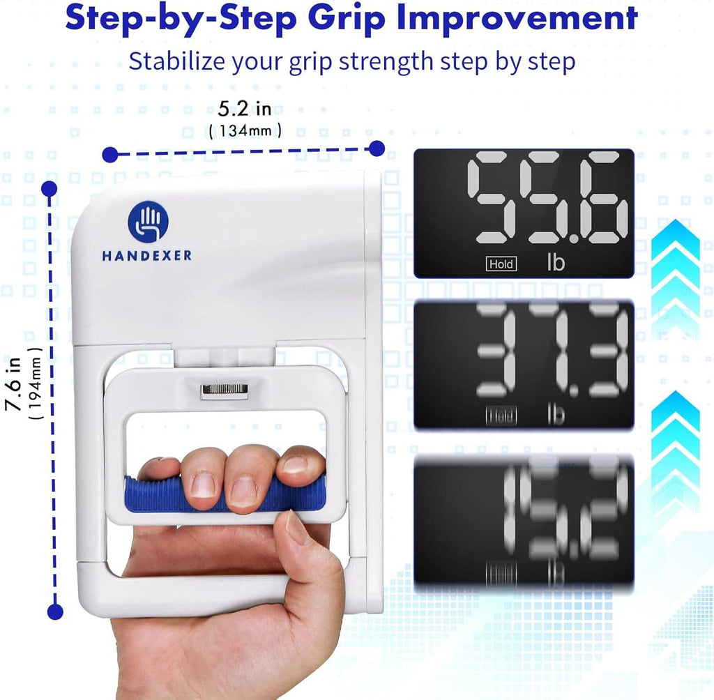 Hand holding a digital grip strength tester with fingers on the blue textured grip
