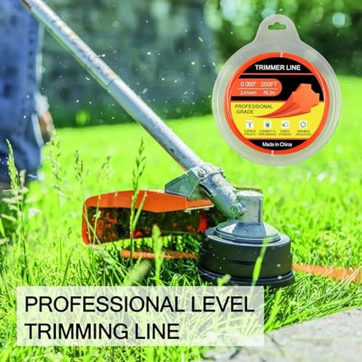Orange trimmer line spool shown near string trimmer head and grass