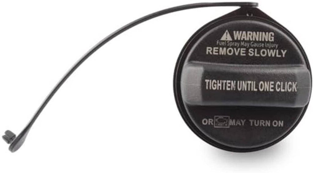 Fuel tank filler gas cap, black with warning text and long tether cord