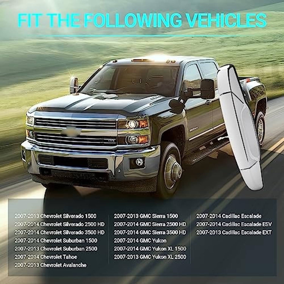 Vehicle lineup graphic with listed compatible models for chrome exterior door handle