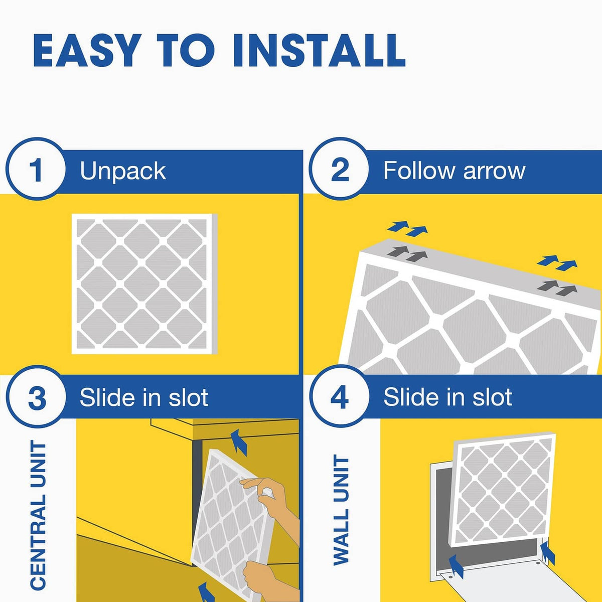 Air filter installation steps showing square filter with cross-hatch frame