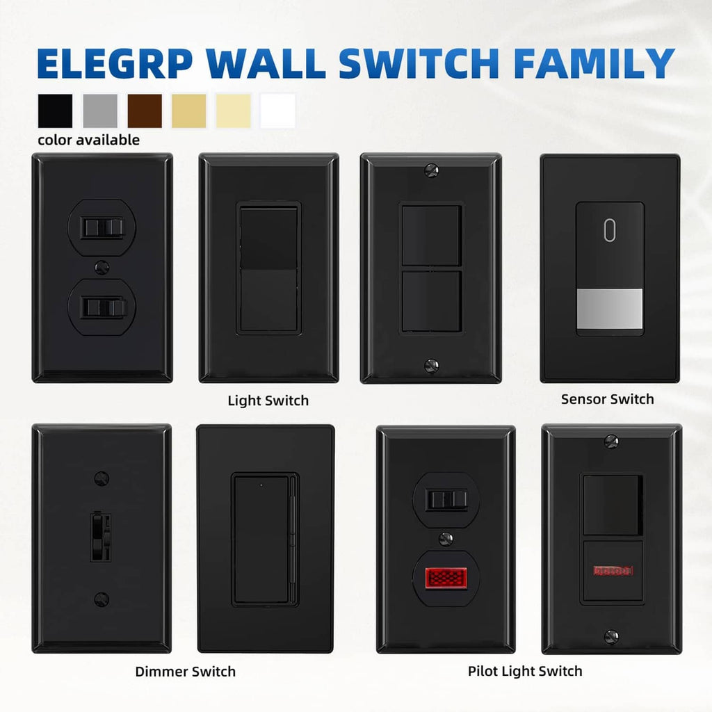 Glossy black ELEGRP wall switch family faceplates, single-pole and sensor styles