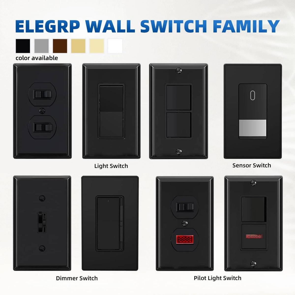 Glossy black ELEGRP wall switch family faceplates, single-pole and sensor styles