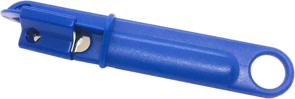Blue puncture tool with metal fork tip and loop handle