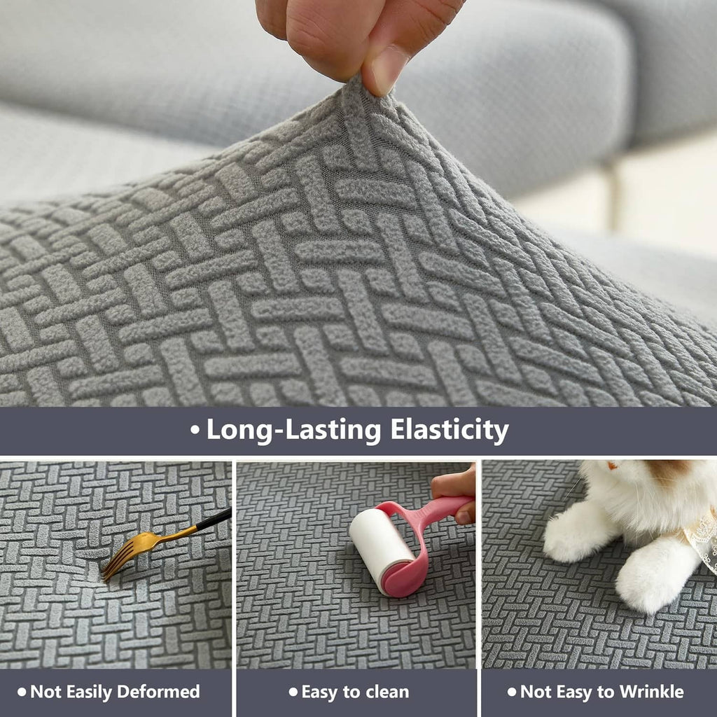Gray textured chaise cushion cover fabric close-up with elastic, grippy weave pattern