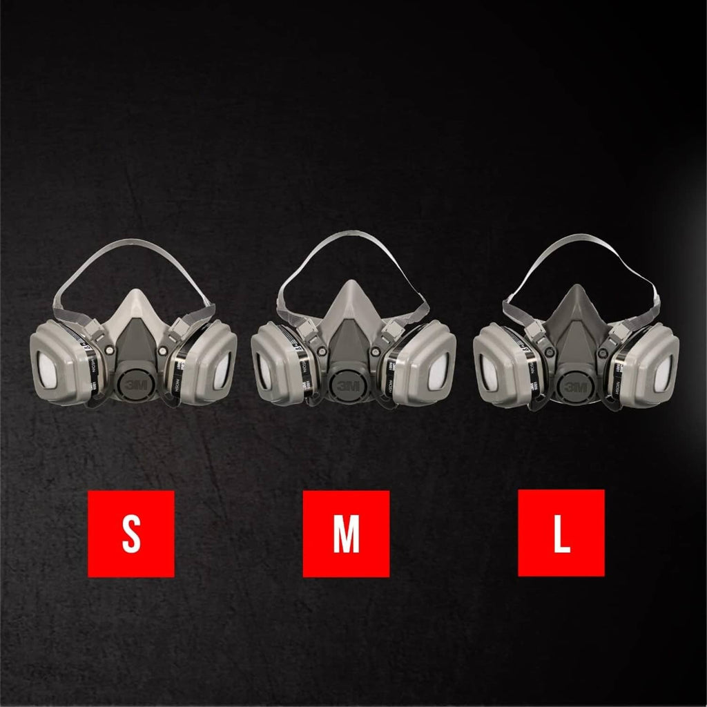 Reusable half-face respirators in S, M, and L sizes with head straps and cartridge cups