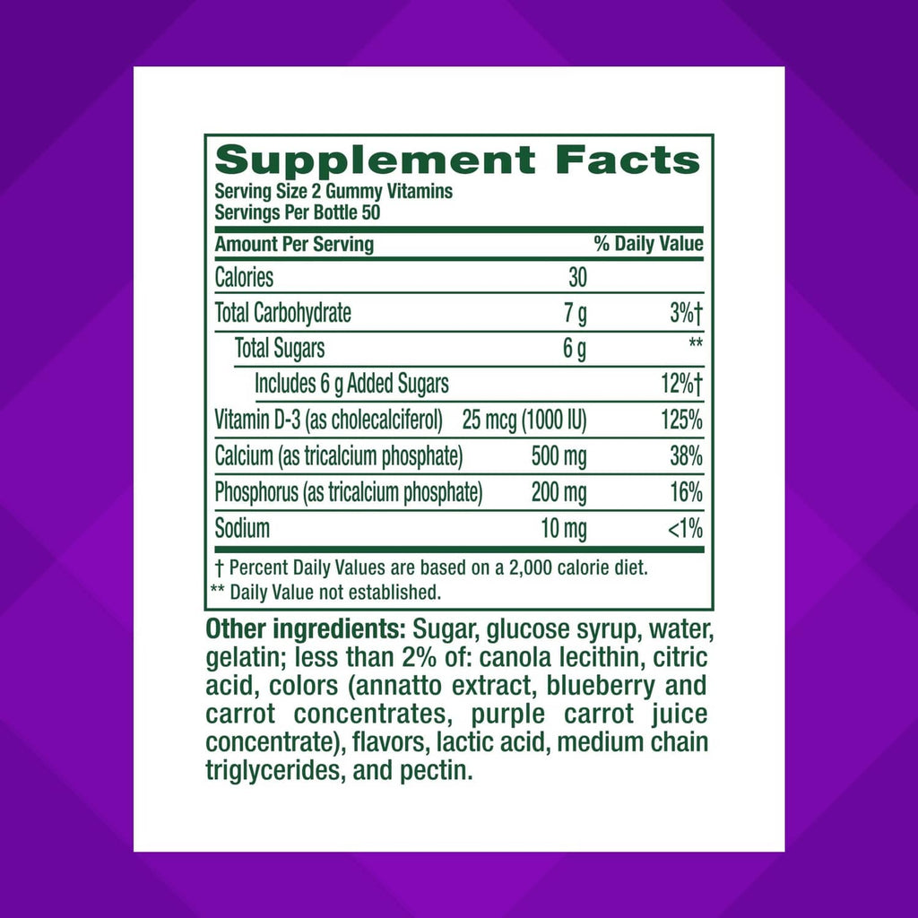 Supplement Facts label for Vitafusion Calcium gummies: serving size, vitamins, minerals, ingredients.