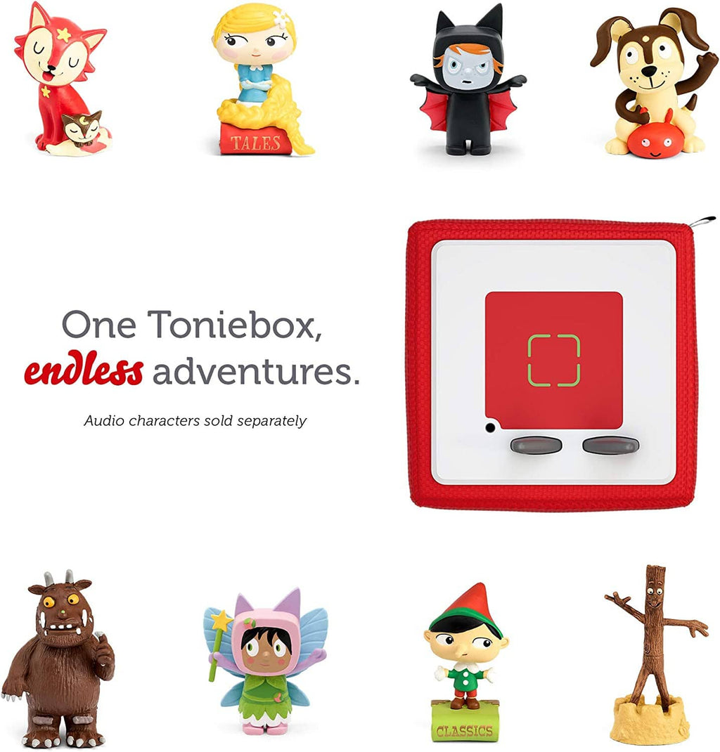 Assorted character Tonie figurines with a red Toniebox device