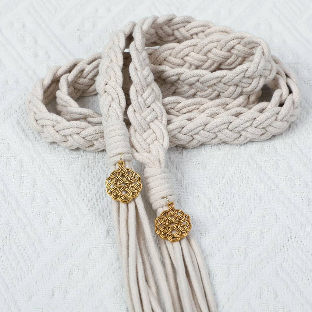 Ivory braided handfasting cord with two gold circular charm tassels