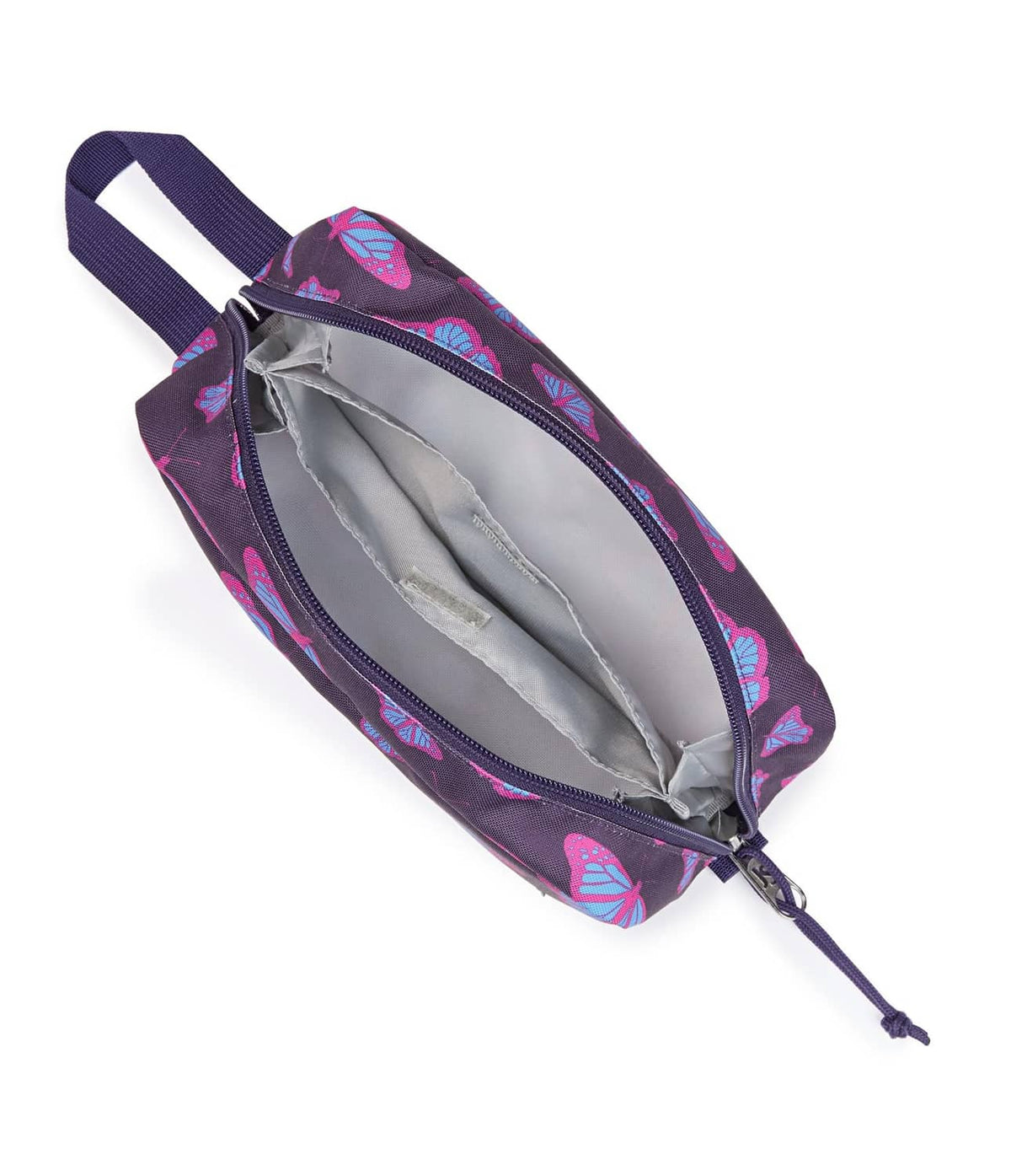 Purple patterned pouch interior view with zippered compartments and accordion folds