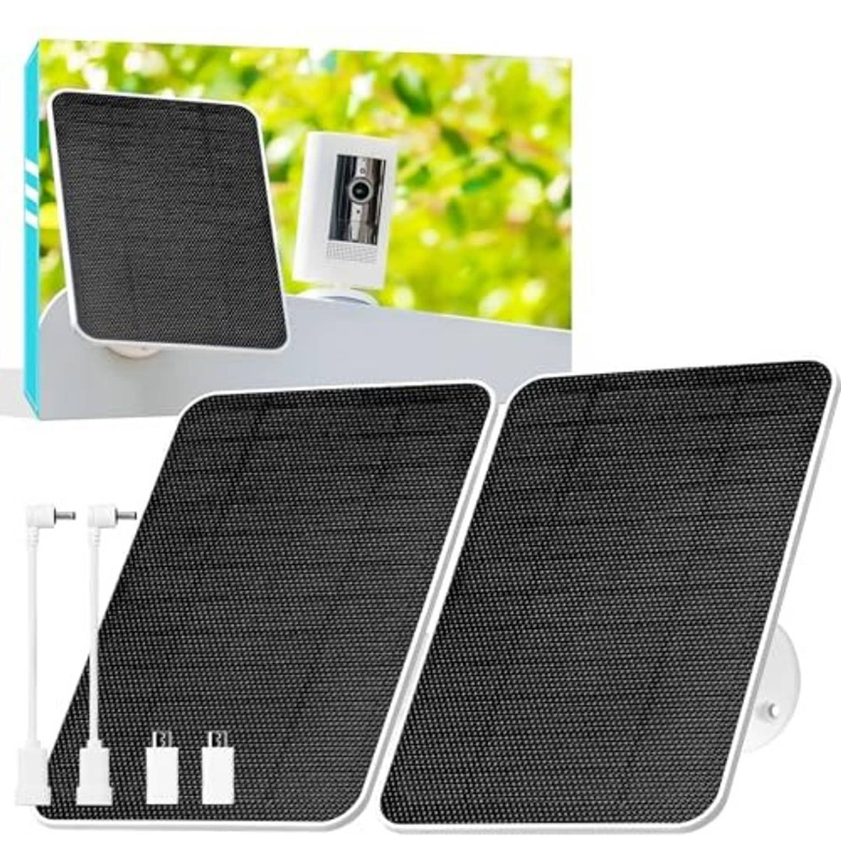 Two-piece solar panel set with dark textured panels and a mounting backplate, for outdoor use