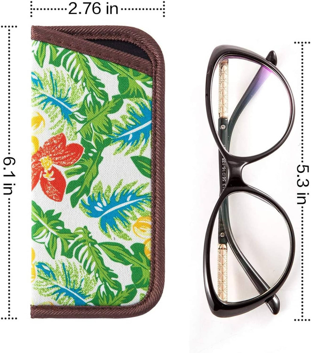 Slim eyeglasses pouch with tropical leaf print and brown edge trim; open with glasses shown