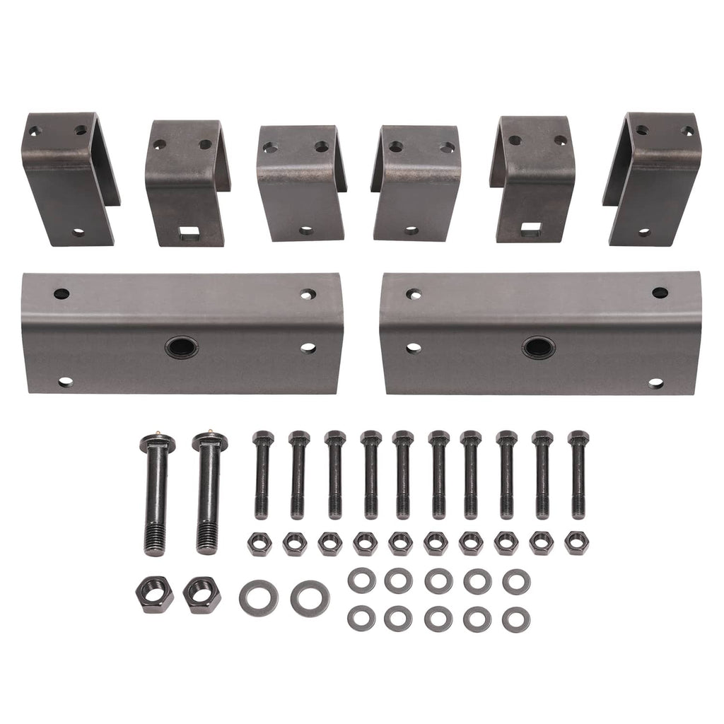Metal axle hanger kit with two long plates, multiple brackets, bolts and washers