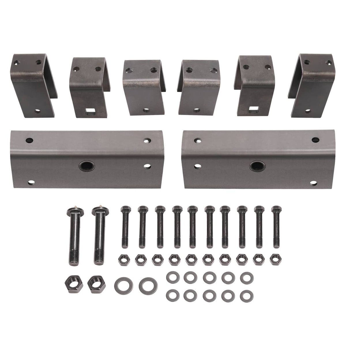 Metal axle hanger kit with two long plates, multiple brackets, bolts and washers
