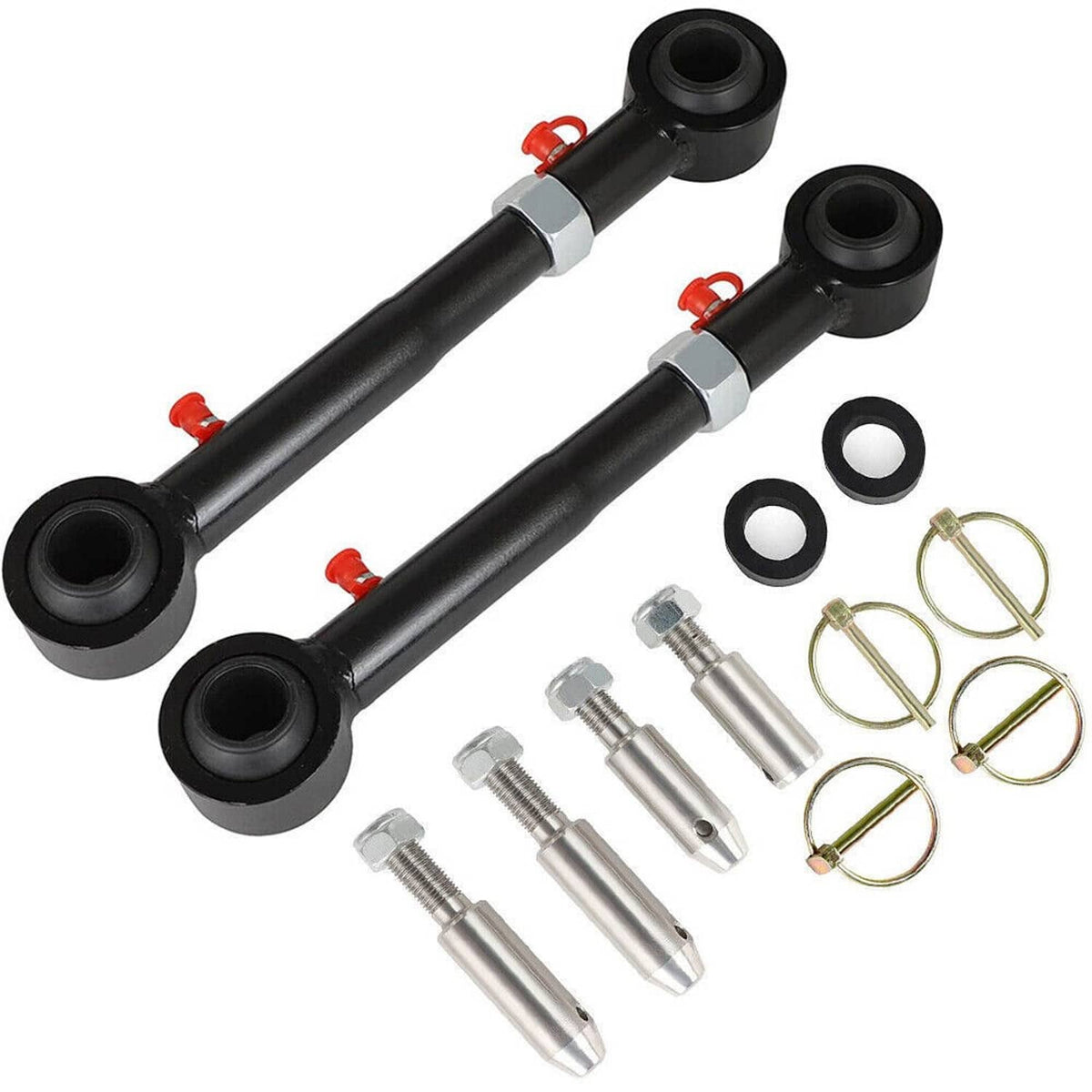 Front sway bar link disconnects, two black bars with bushings and chrome hardware pins