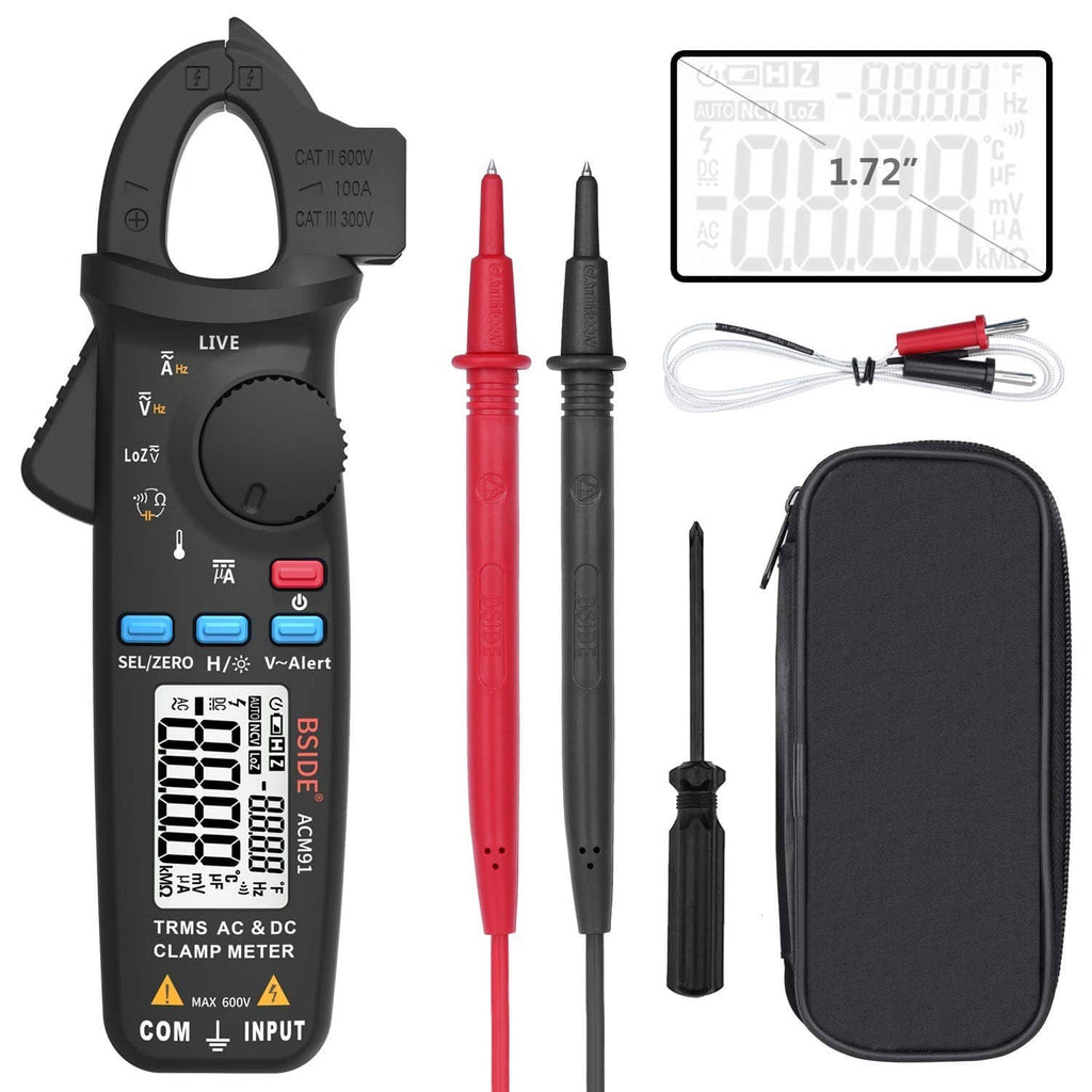 Digital clamp meter with LCD screen, red and black test leads, and carrying case