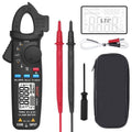 Digital clamp meter with LCD screen, red and black test leads, and carrying case