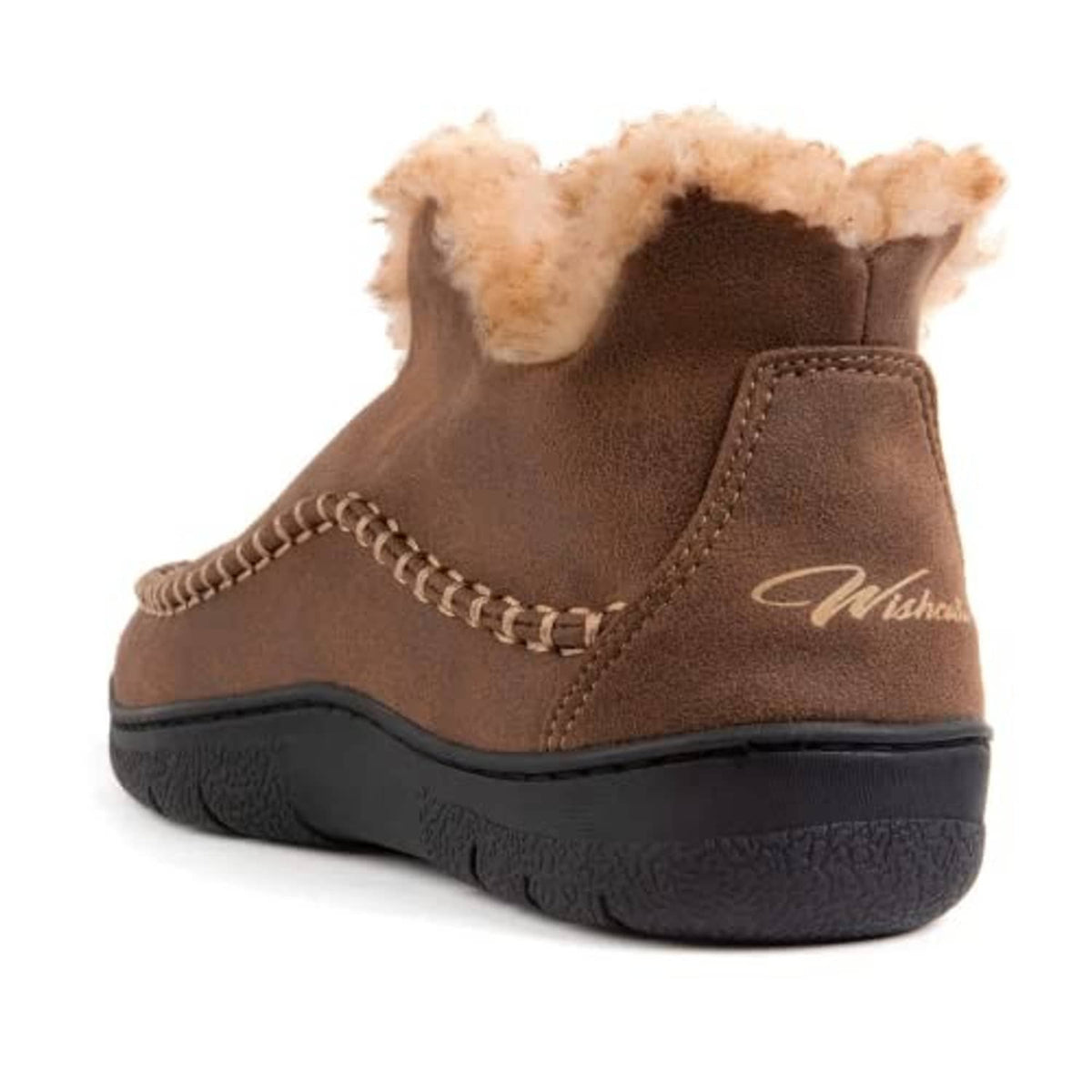 Brown moccasin bootie slipper with tan faux-fur cuff and black rubber sole