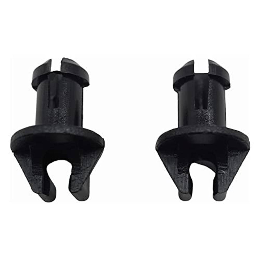 Throttle linkage swivel bushing, black plastic fork clip with central hole, side view