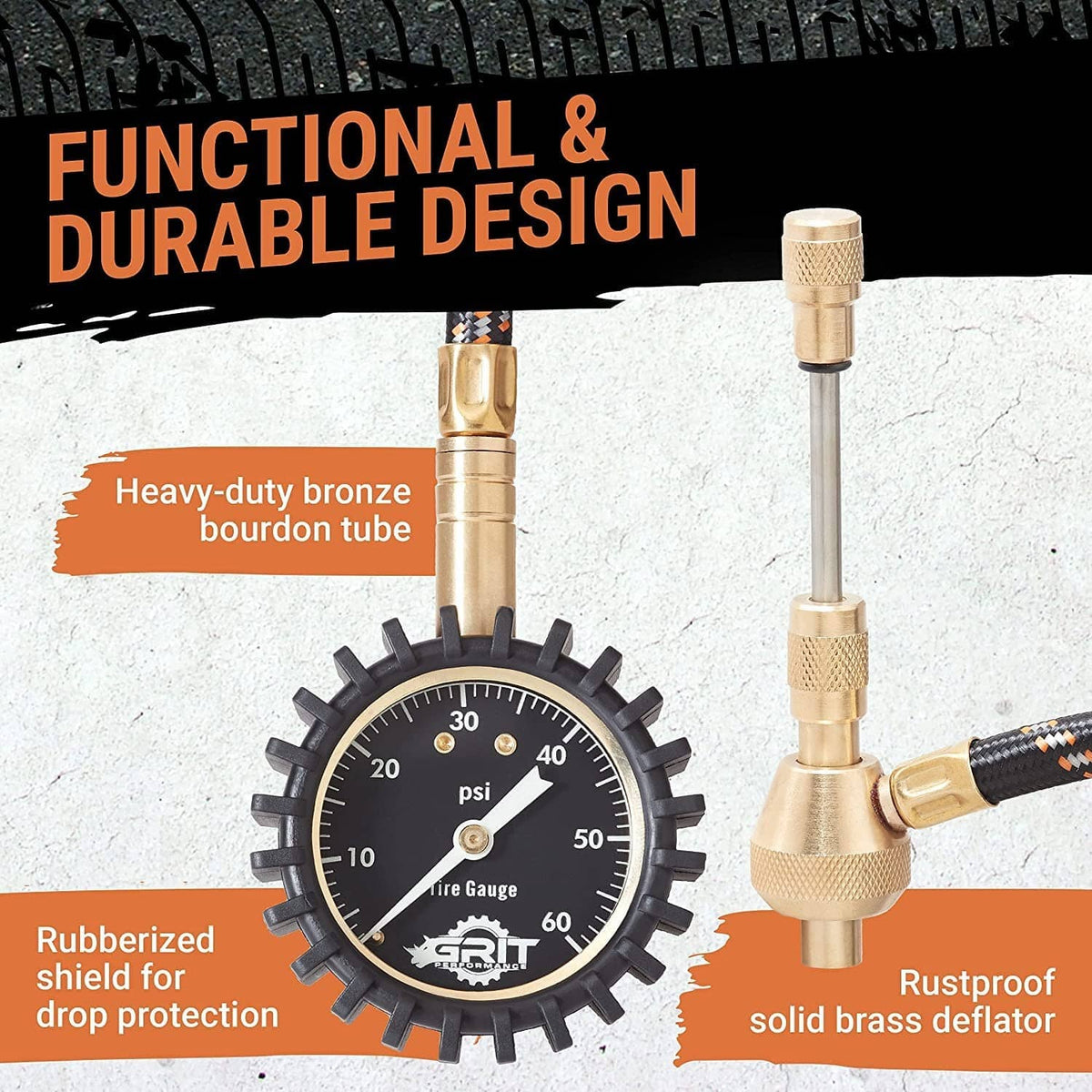 Bronze tire gauge with rubberized shield and brass deflator hose fitting