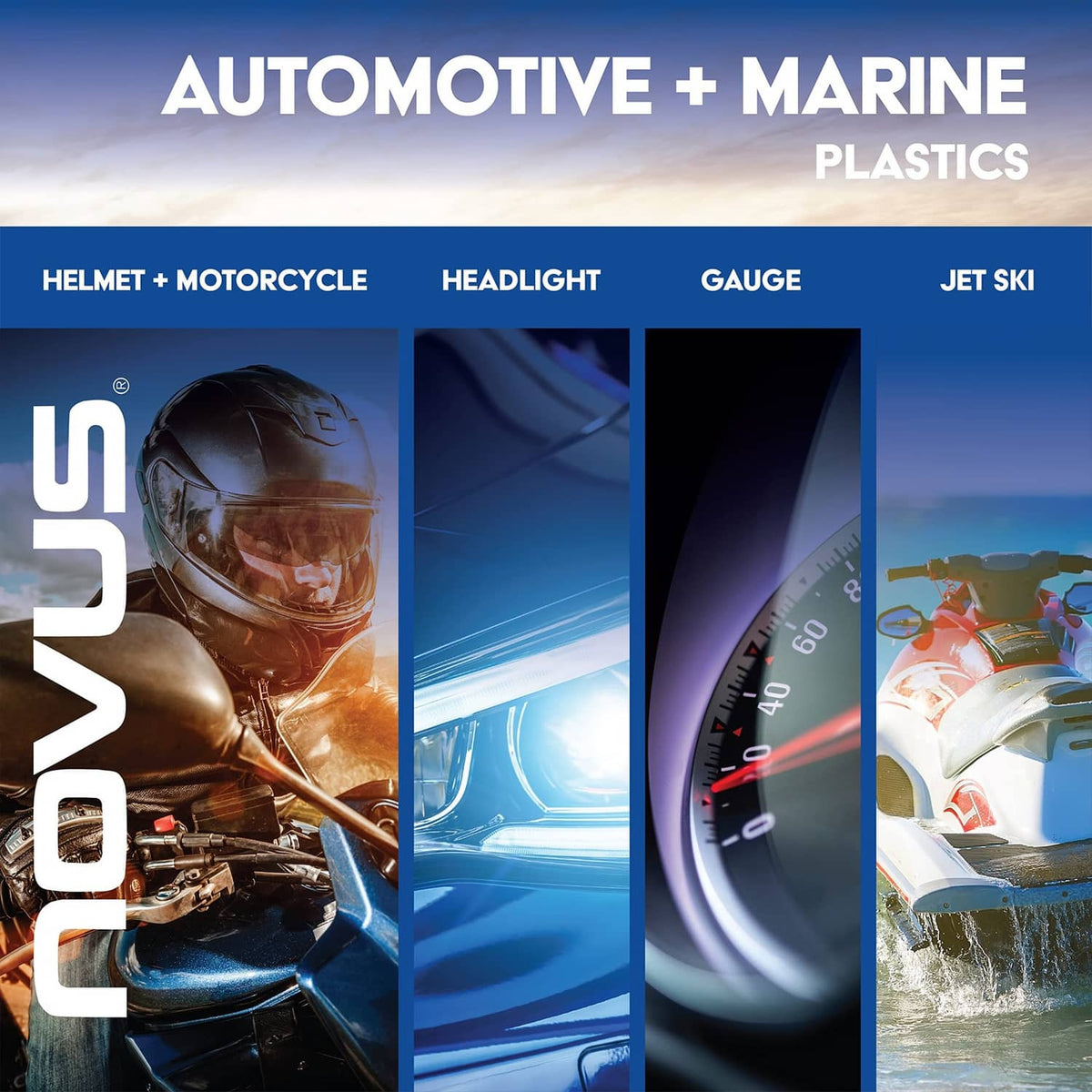 Automotive and marine plastics graphic with usage categories: helmet, headlight, gauge, jet ski