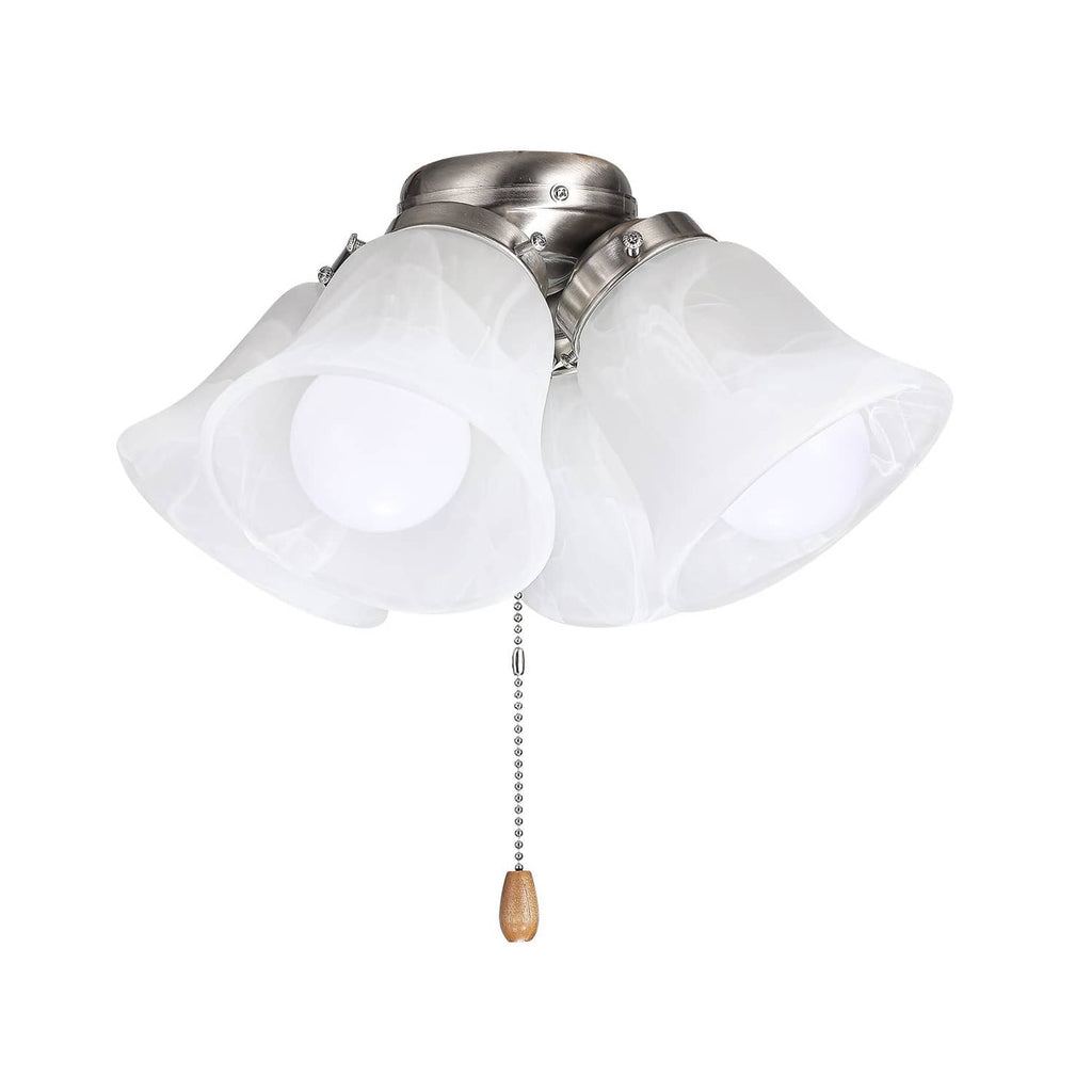 Four-light ceiling fan light kit featuring white shades and a brown pull chain
