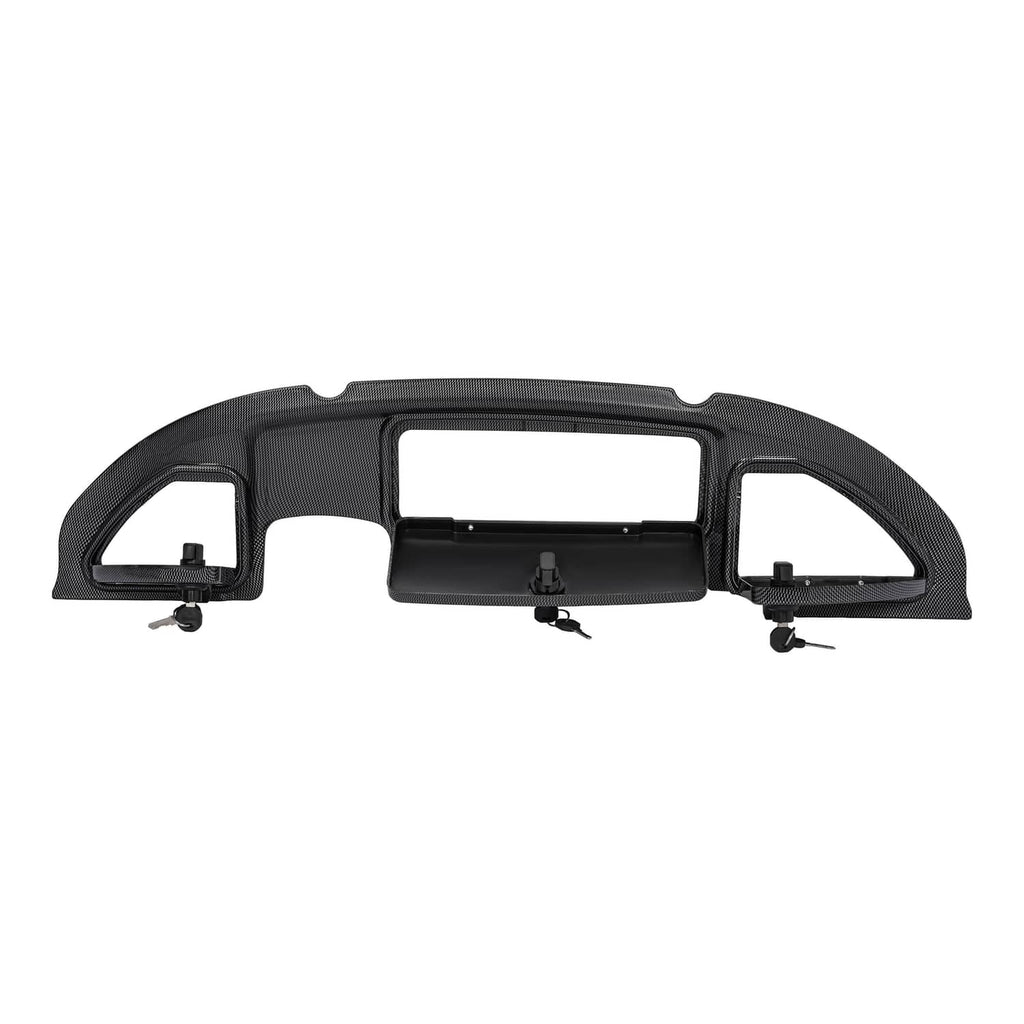 Carbon fiber dash kit with installed-style side mounts and central display opening