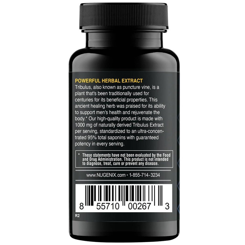 Nugenix Tribulus 1000 mg supplement bottle, back label with barcode