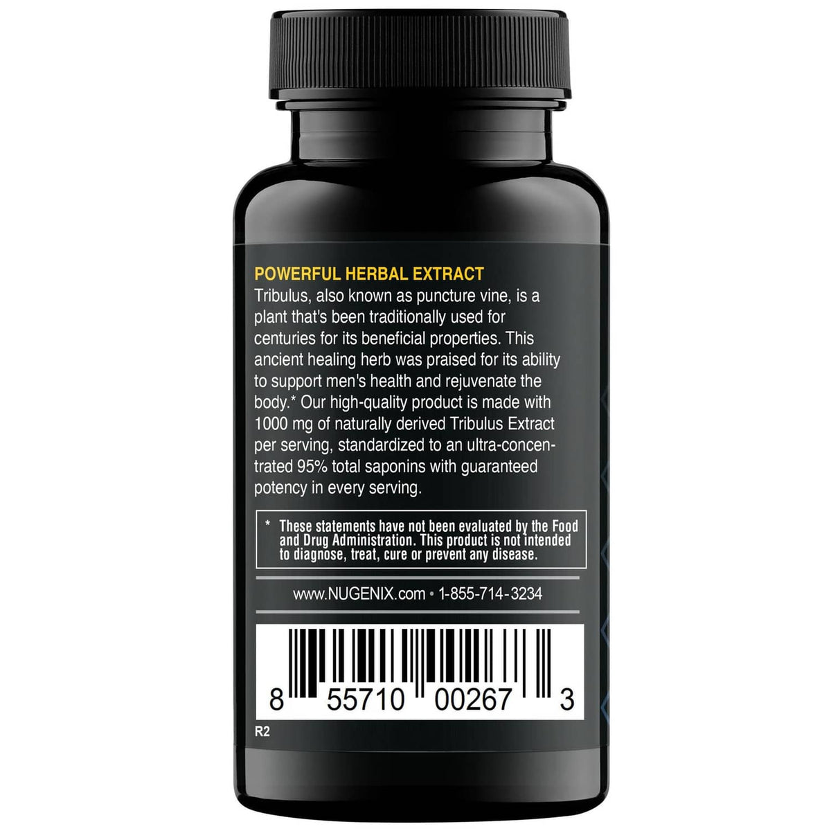 Nugenix Tribulus 1000 mg supplement bottle, back label with barcode