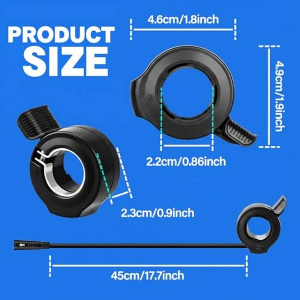 Thumb throttle dimensions diagram showing black grip size and cable length
