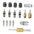 A/C Schrader valve core kit: black caps, metal cores, brass valve caps, and connector