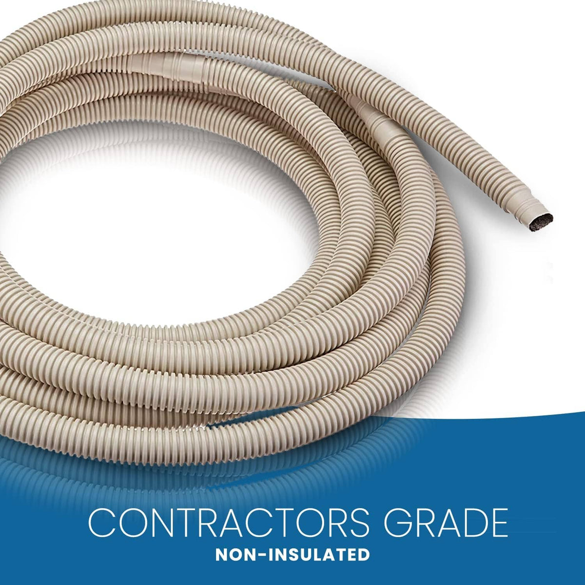 Tan corrugated drain hose coil, non-insulated ribbed flexible tubing