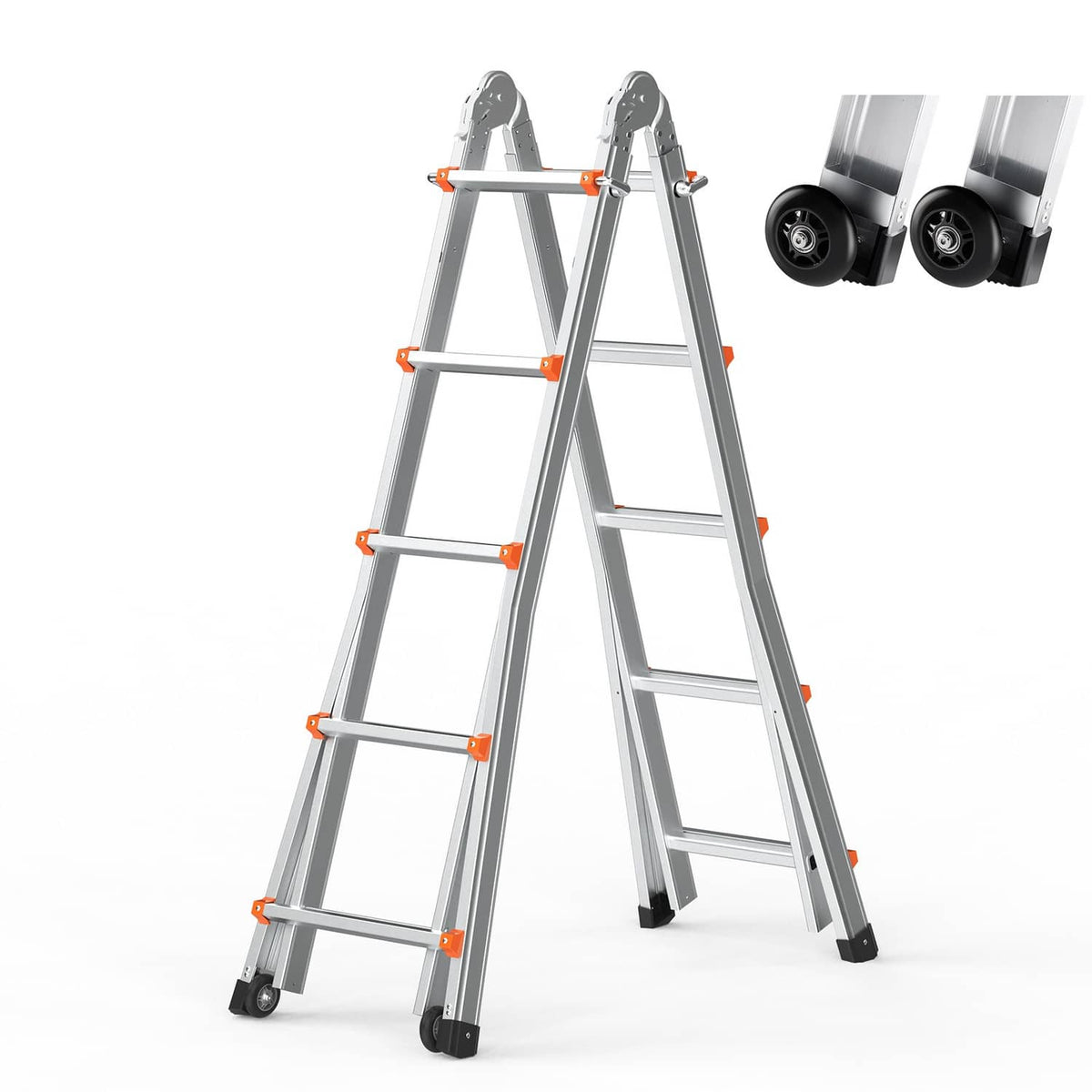 A-frame extension ladder with silver rails, orange rung accents, and stabilizer bars