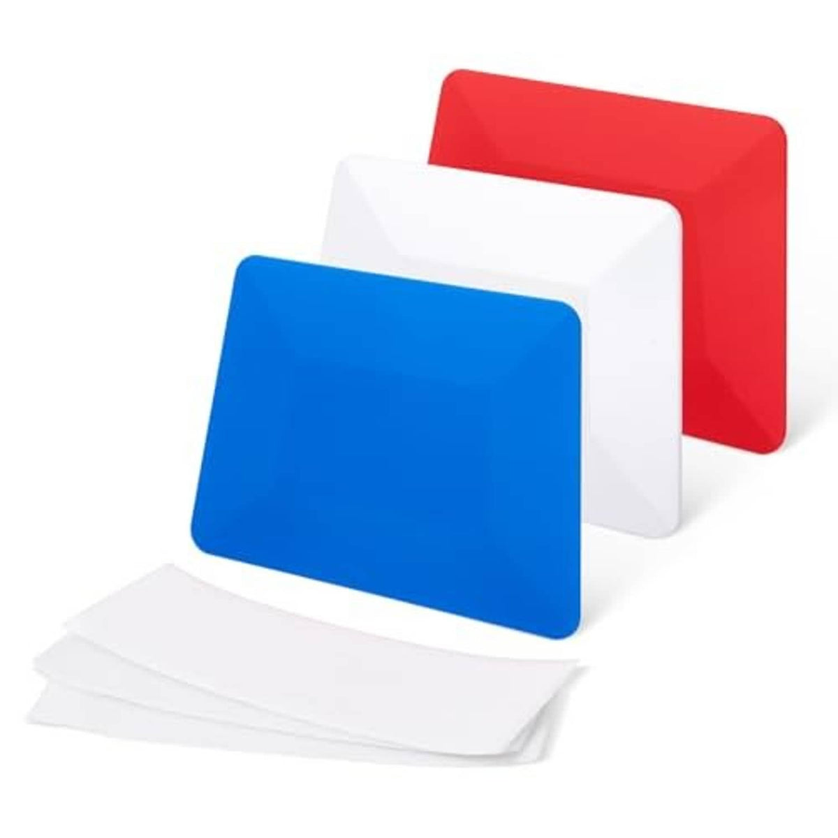 Vinyl smoothing cards in blue, white, and red with stacked white hard cards