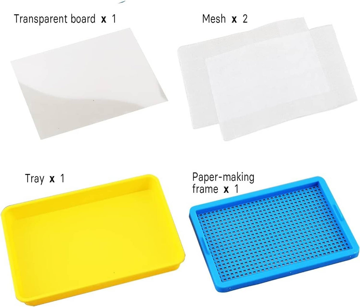 Papermaking kit components: mesh, transparent boards, yellow tray, blue frame