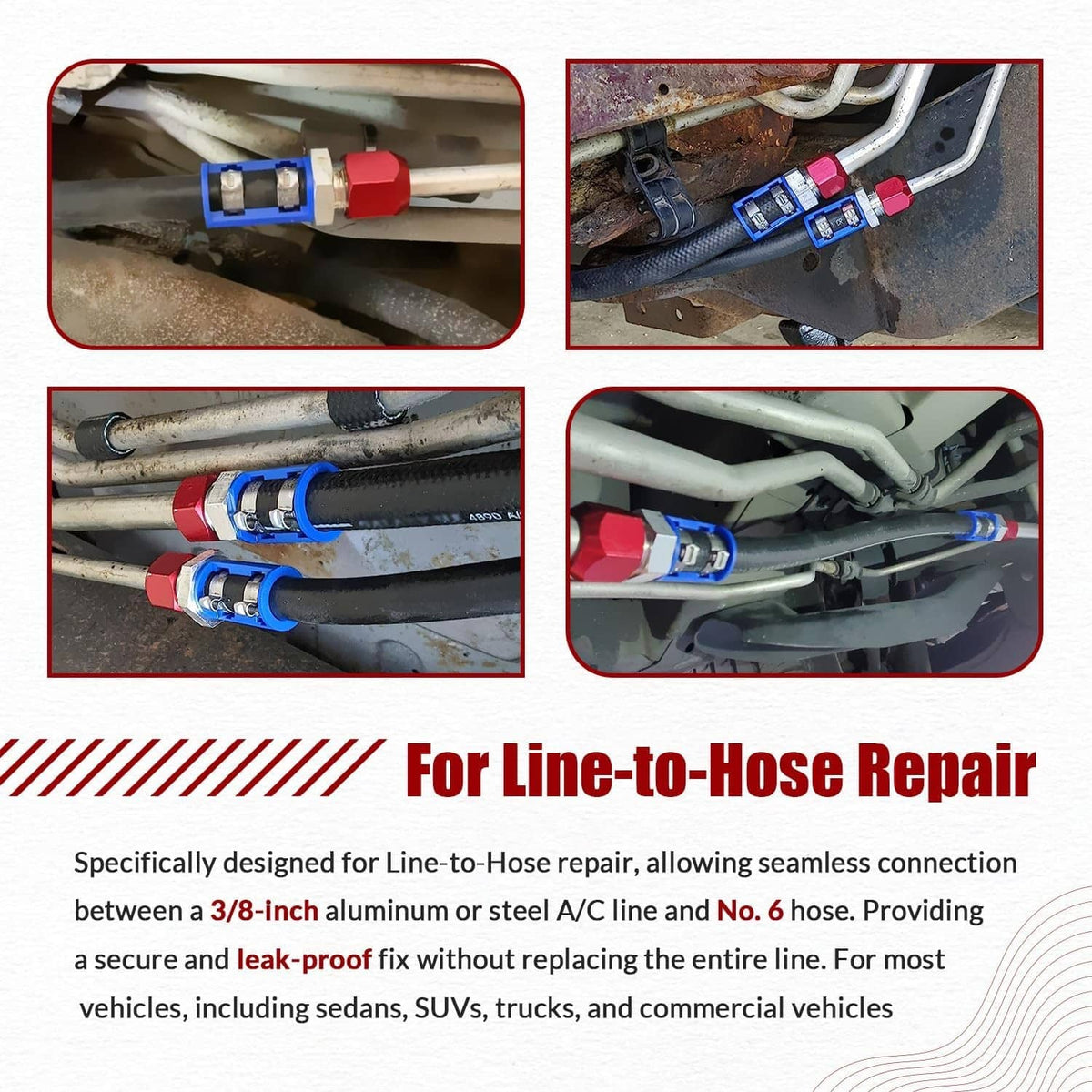 A/C line splice kit shown in four installation views with couplers and seal fittings