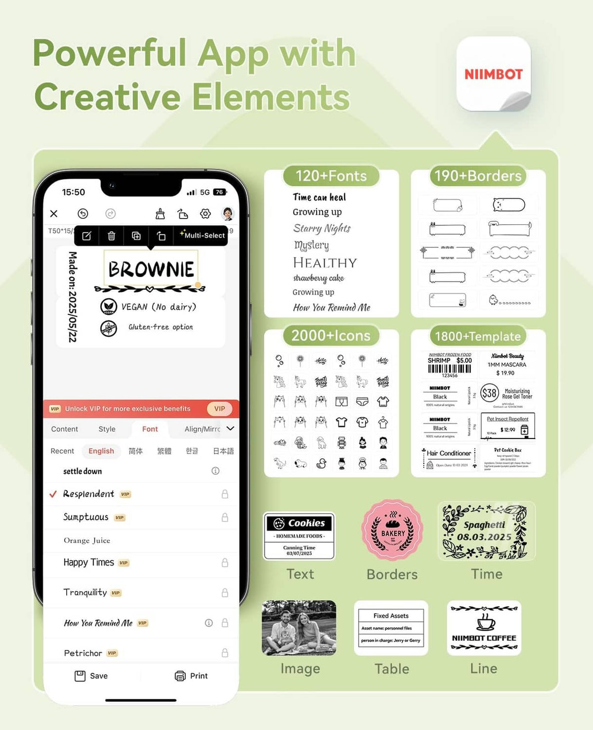 NIIMBOT B1 label maker with smartphone app preview and creative label options