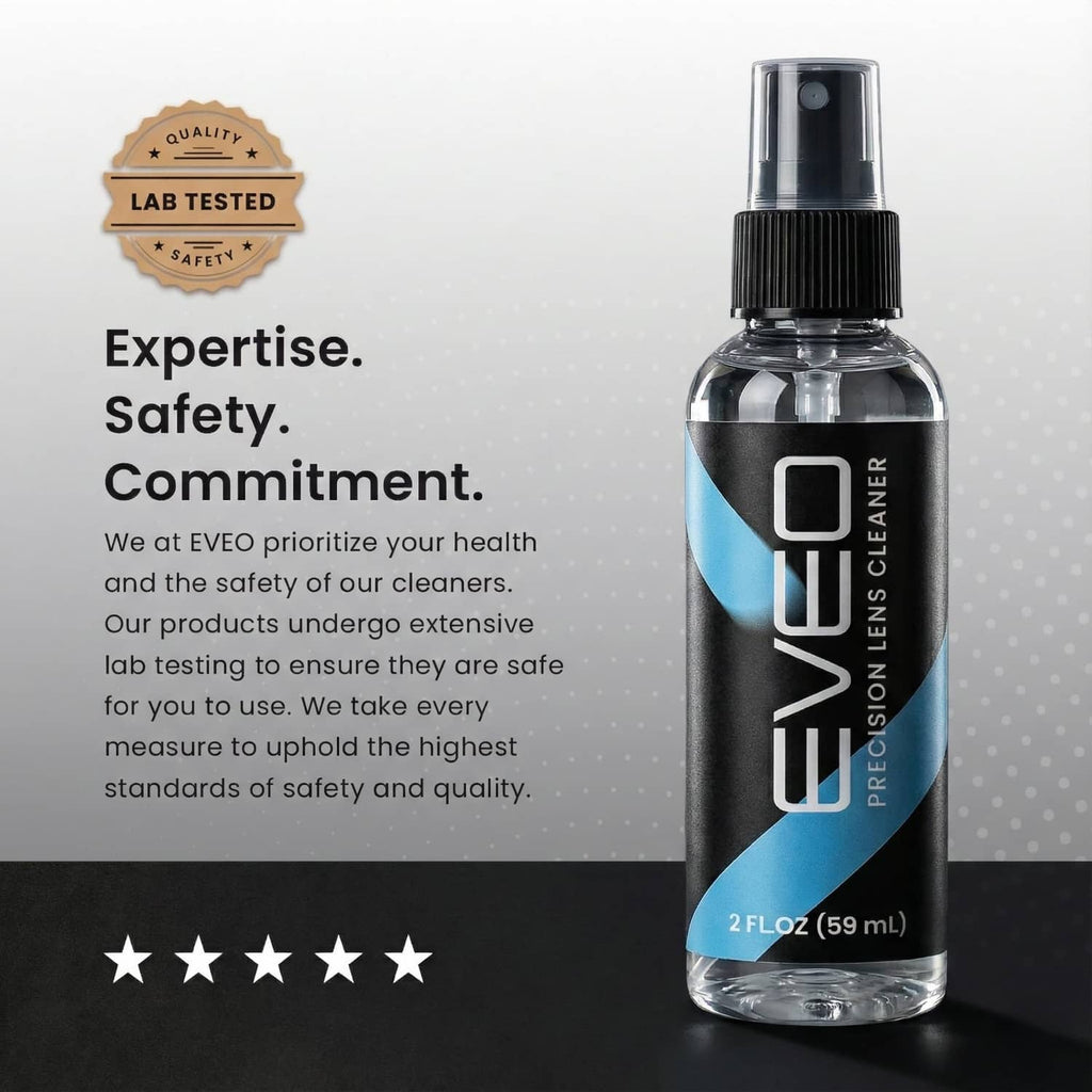 EVEO lens cleaner spray bottle with clear liquid and black nozzle, 2 fl oz