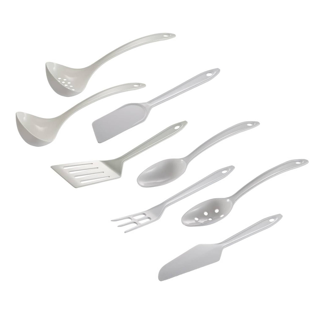 White plastic utensil set with spoon, fork, spatula, slotted skimmer and knife tools