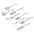 White plastic utensil set with spoon, fork, spatula, slotted skimmer and knife tools